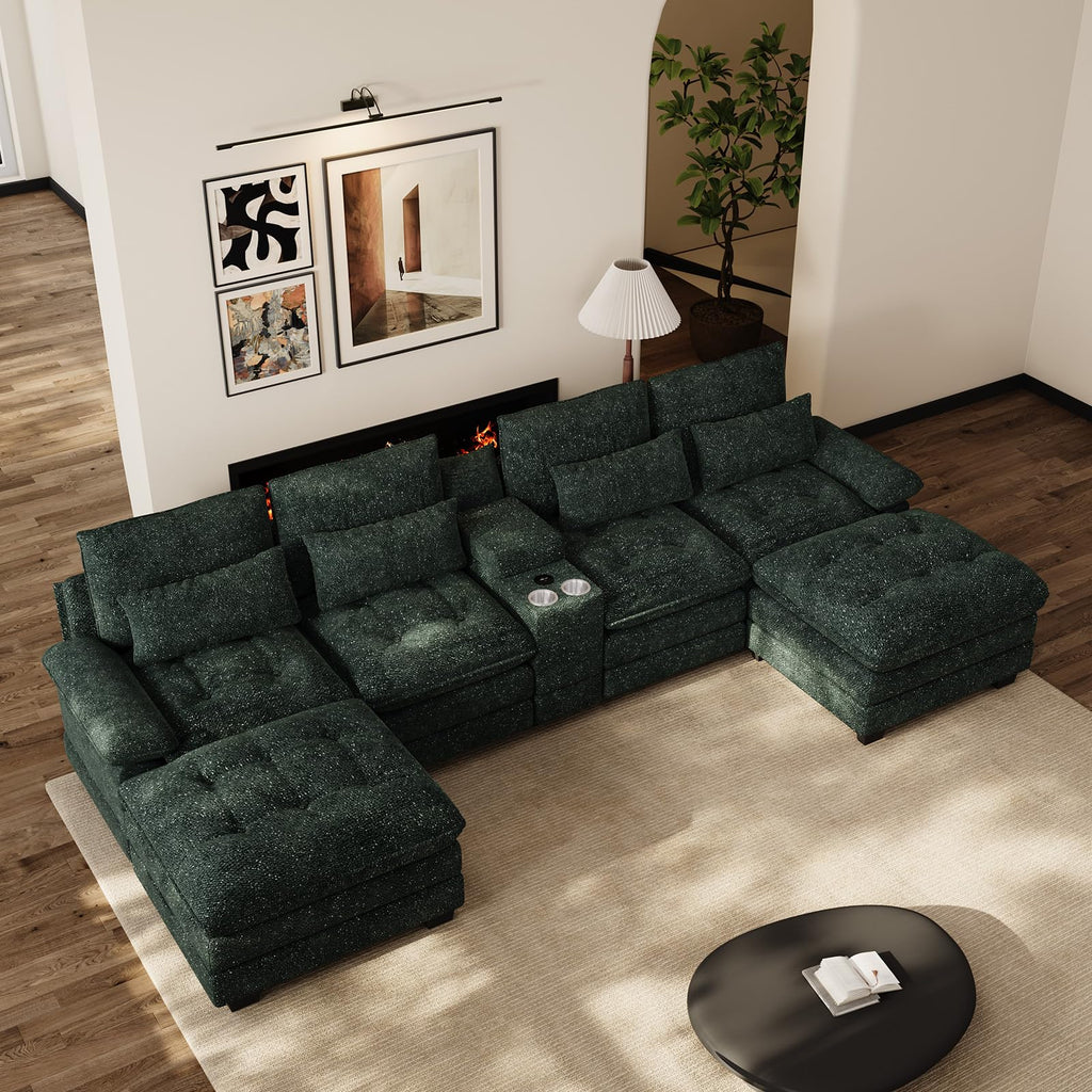 134" U-Shaped Shimmer Chenille Sectional Couch, Green