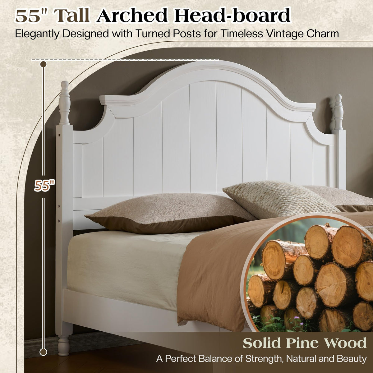 Solid Wood Poster Bed, 55" Arched Headboard, White