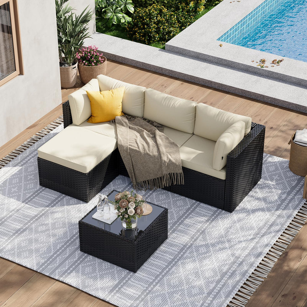 Patio Furniture Set 5-Piece, Outdoor Sectional Sofas with Washable Cushion, Wicker Rattan Patio Conversation Sets for