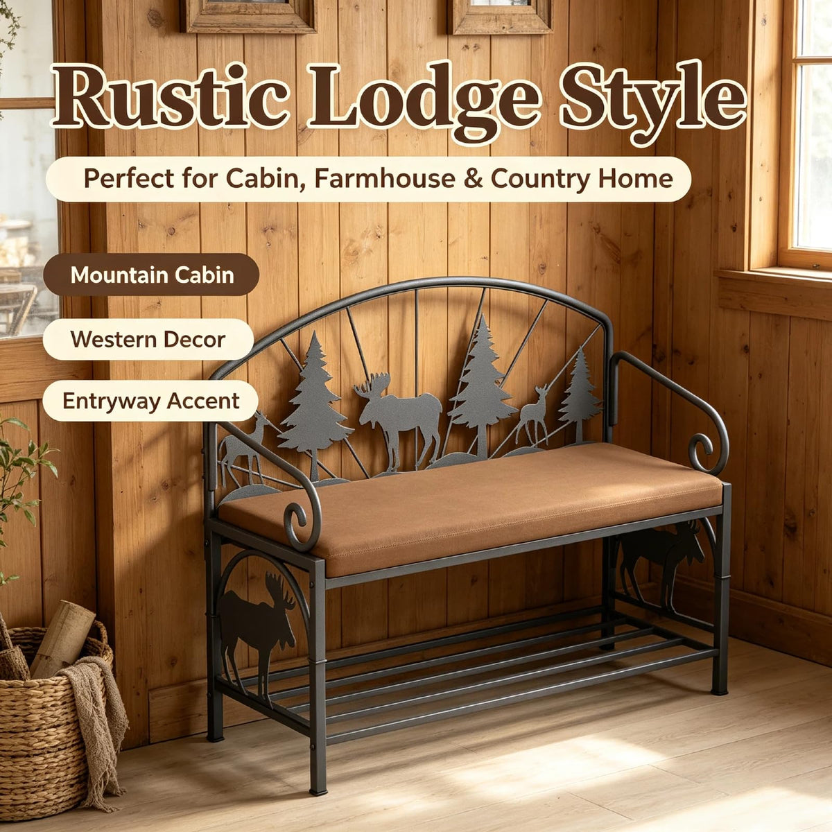 Metal Entryway Storage Bench with Cushion, Rustic Country Style