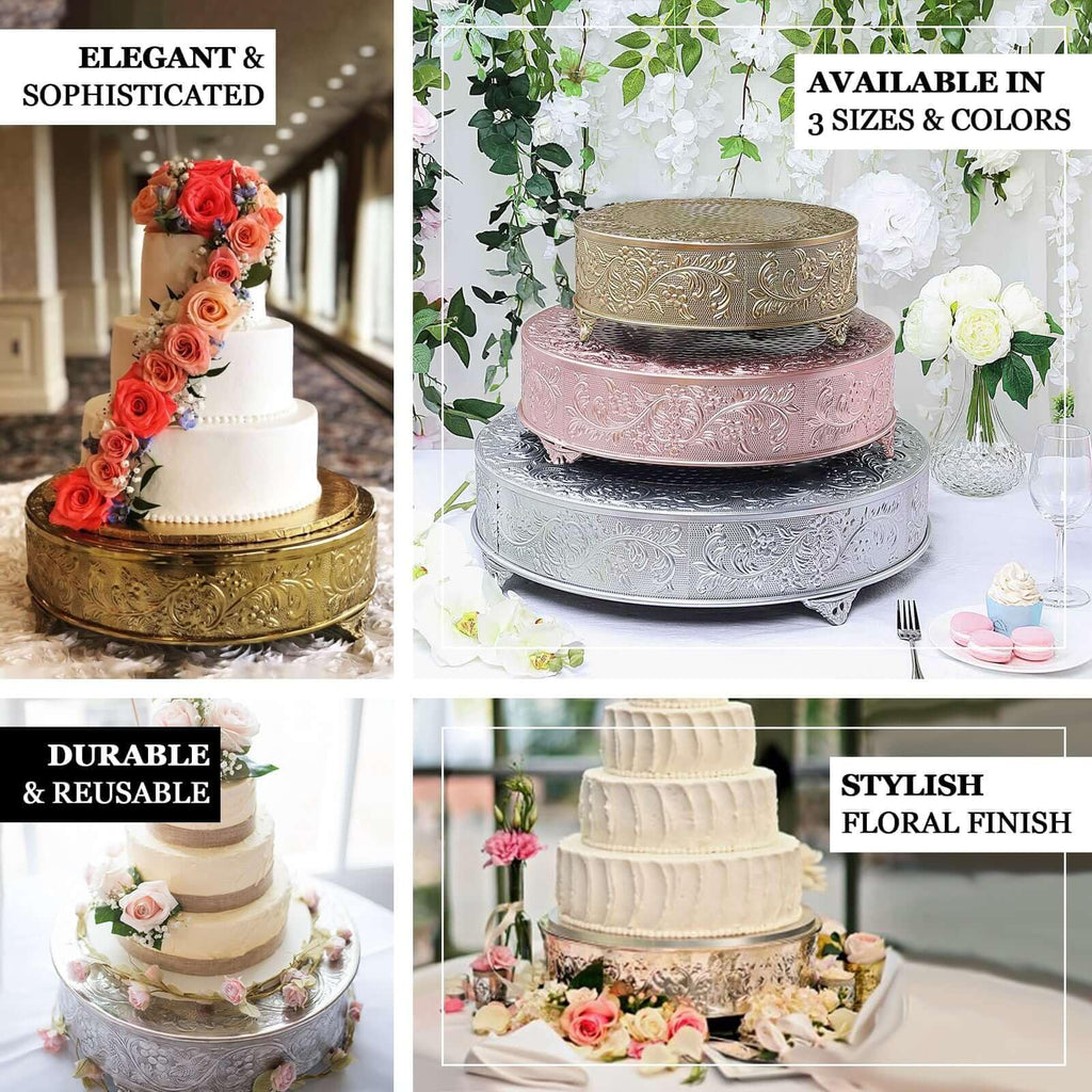 22" Gold Round Embossed Metal Cake Plateau, Large Wedding Cake Stand Riser for Reception & Banquet