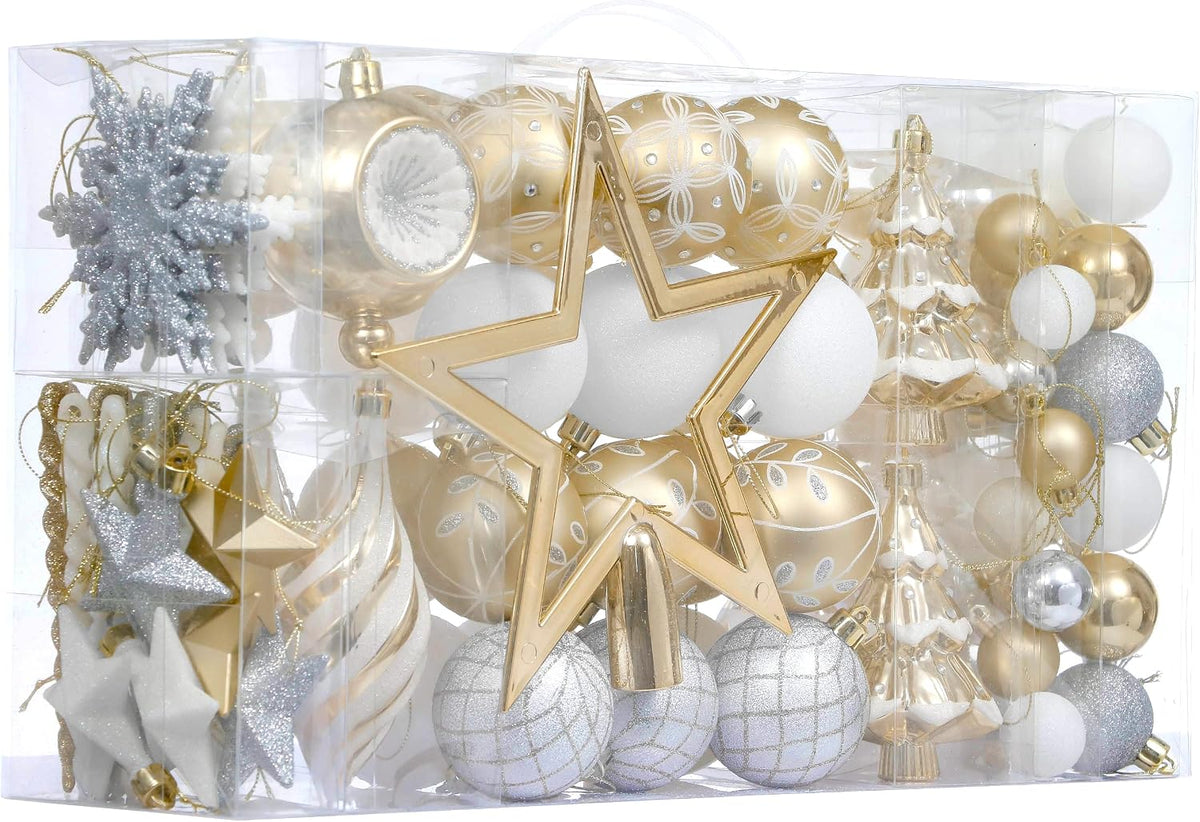 Christmas Ball Ornaments, 100ct White and Gold Shatterproof Christmas Tree Decorations Set, Elegant Hanging Ornaments