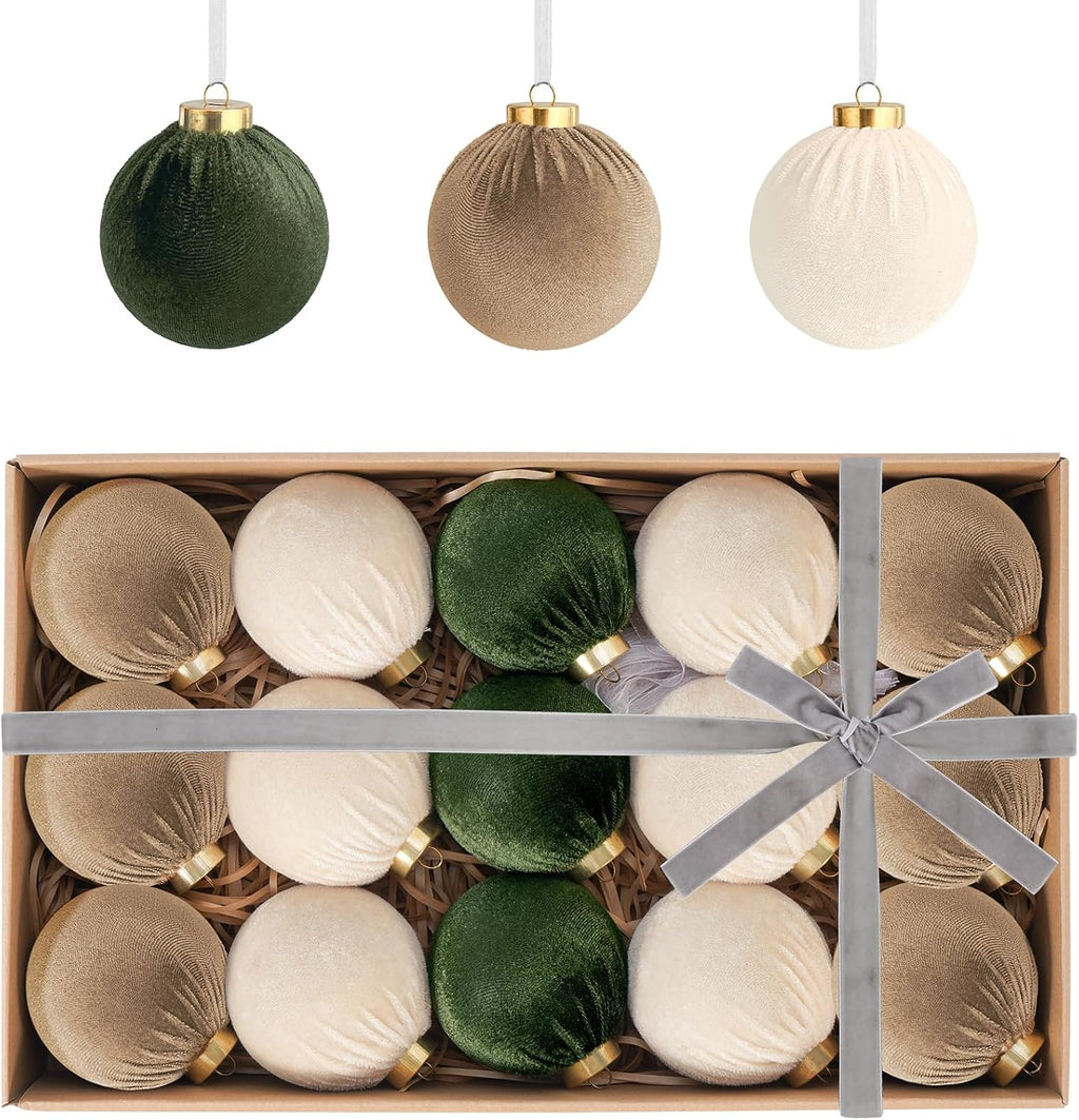 Velvet Ball Christmas Tree Ornaments Set, 15 Pack, Green/Brown, 3.15 in
