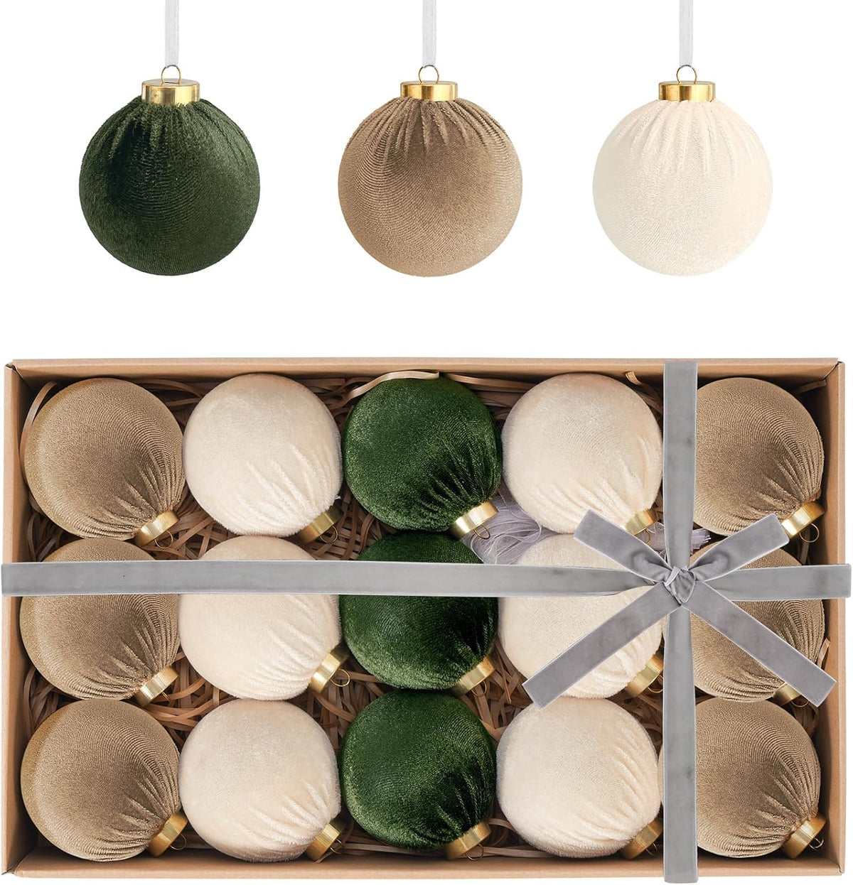 Velvet Ball Christmas Tree Ornaments Set, 15 Pack, Green/Brown, 3.15 in