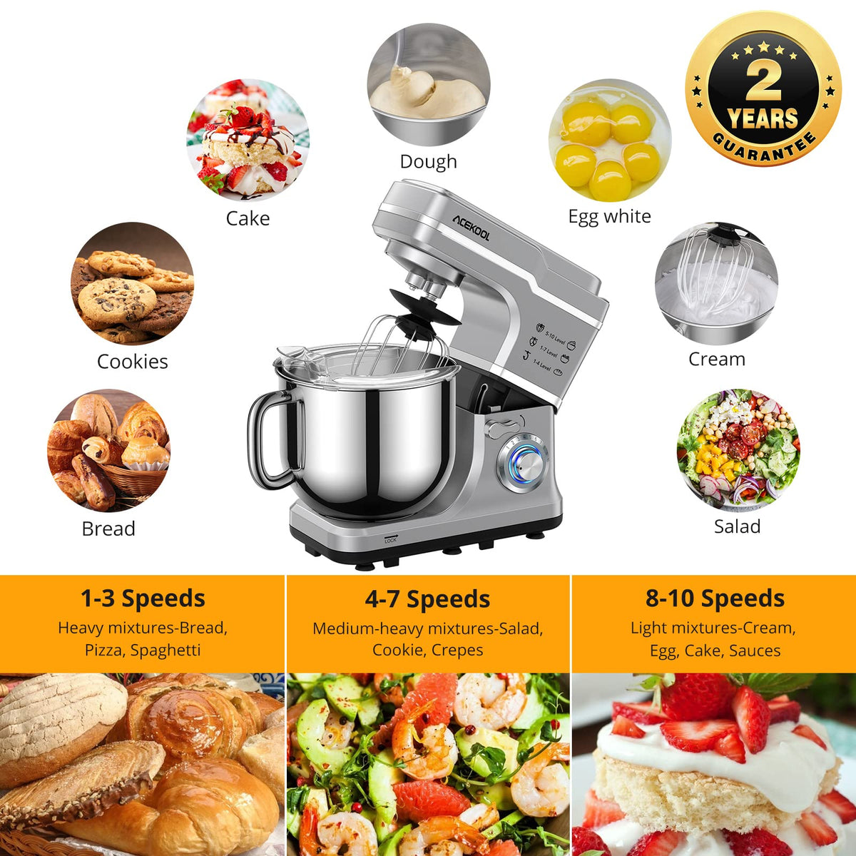Stand Mixer, 7.5QT 660W Electric Stand Mixer with 10-Speed Tilt-Head, Stainless Steel Bowl, 3-IN-1 Dough Mixer for