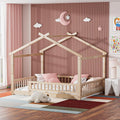 Full Size House Bed with Fence, Wooden Montessori Bed with Slats Support, Floor Bed Frame for Boys Girls Bedroom