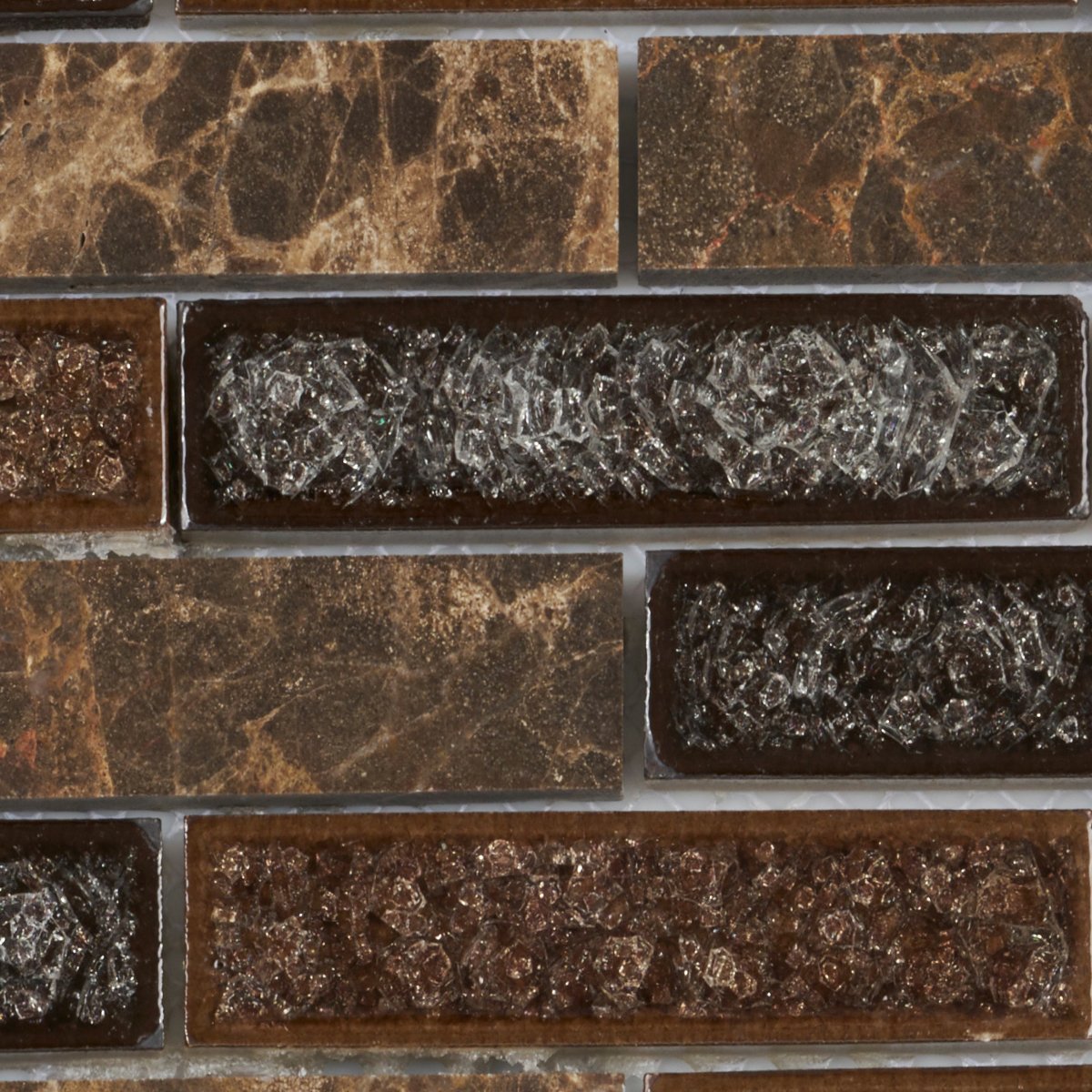 TDH175MO Emperador Dark Brown Marble Stone Mosaic Tile, Crackle Glass Blended Brick Joint Pattern Backsplash