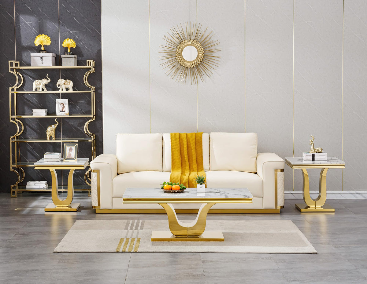 Set of 3 Faux Marble Coffee End Table Gold U Stainless Steel Base