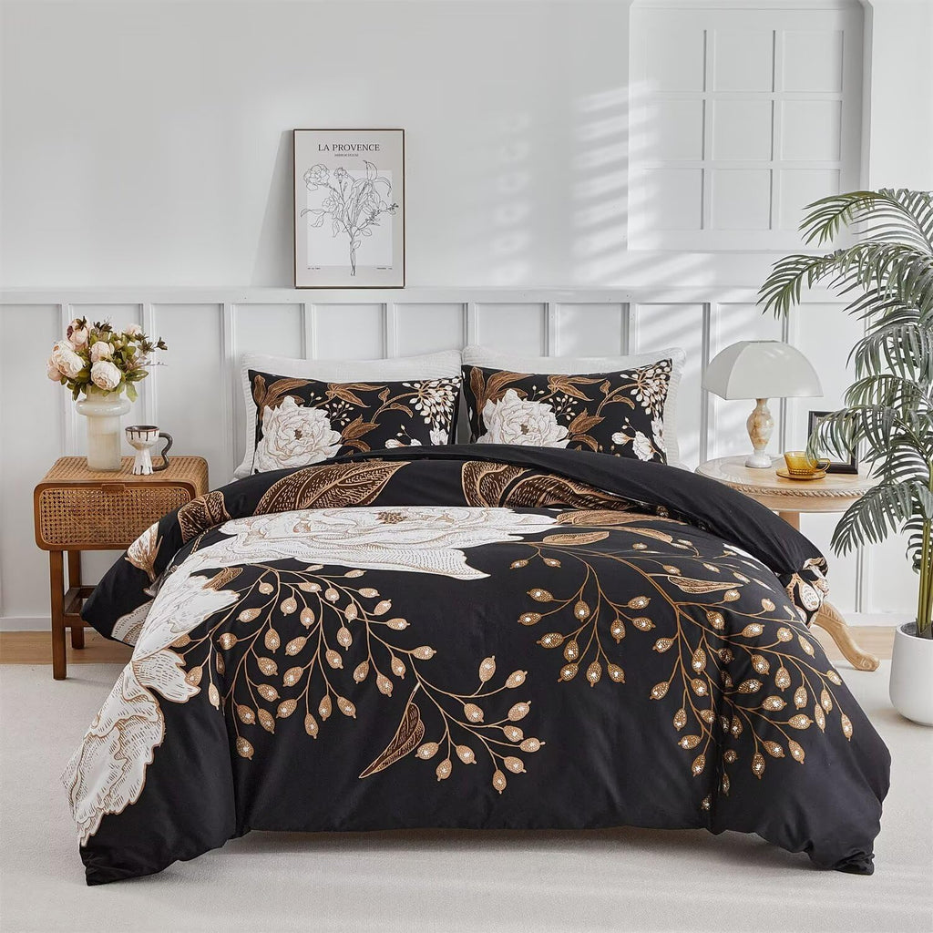 Bold Floral Black Duvet Cover Full Bedding Set Luxurious Premium Cotton Comforter Duvet Cover Vintage Gothic Style