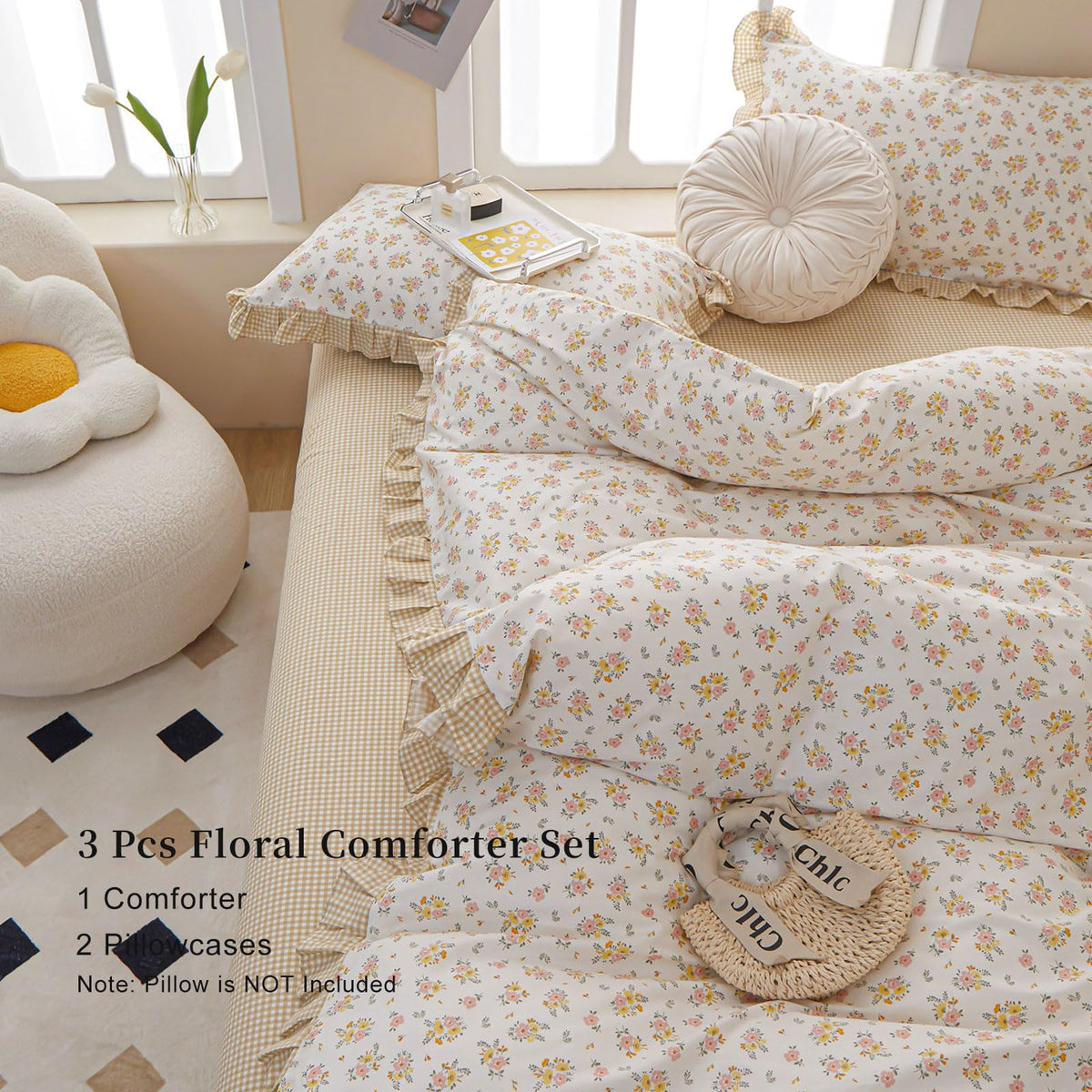 French Garden Style Ruffled Floral Comforter Set Full Fluffy Soft Microfiber Chic Shabby Pink Yellow Floral Bedding