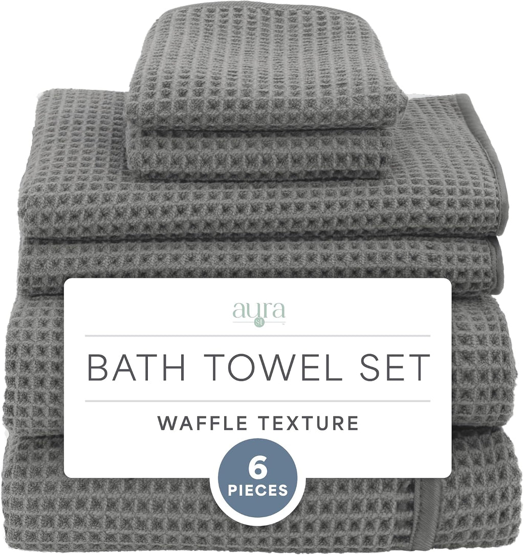 Aura Waffle Bath Towel Set, 6 Pieces, Grey | 2 Bath Towels, 2 Hand Towels, 2 Wash Cloths, Absorbent Microfiber
