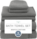 Aura Waffle Bath Towel Set, 6 Pieces, Grey | 2 Bath Towels, 2 Hand Towels, 2 Wash Cloths, Absorbent Microfiber