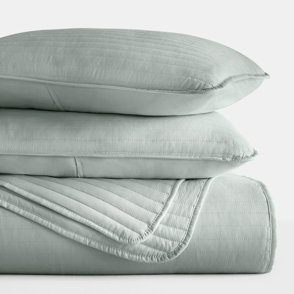 Modern Quilt Coverlet Soft Set in Stripe Stitching - Cal- Eucalyptus
