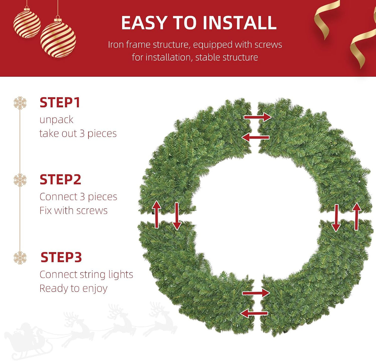 48in Pre-Lit Christmas Wreath with Bow - 270 Colorful LED Lights, 700 PVC Tips, Timer, Remote, Large Outdoor Holiday