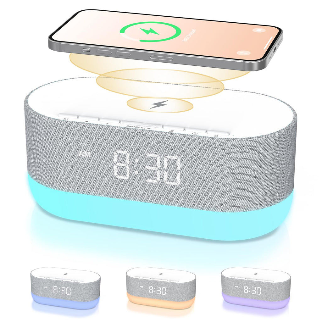 3 in 1 Sound Machine Alarm Clock& Wireless Charger: Soothing White Noise, Bluetooth Music Relaxation & Customized