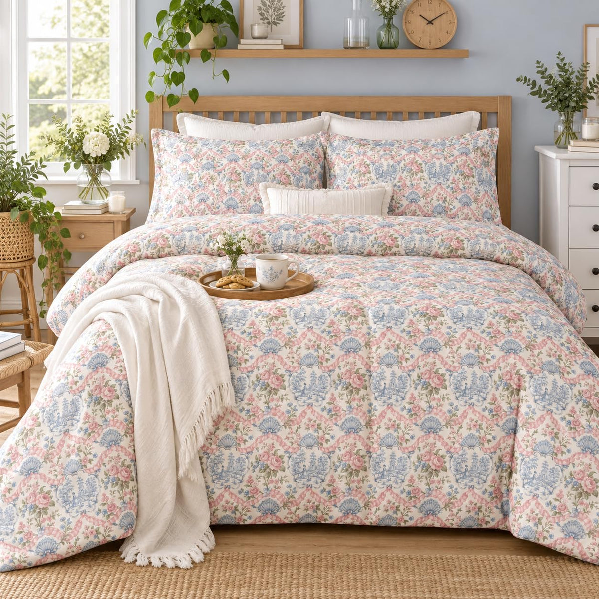 French Country Toile Comforter Queen, Victorian Floral Bedding
