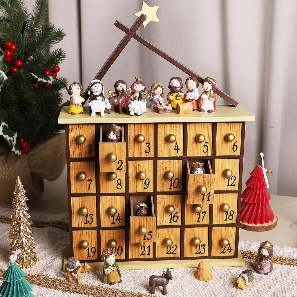 Nativity Advent Calendar, Countdown to Christmas Advent Calendar with 24 Pieces Figures & 24 Drawers, Christian