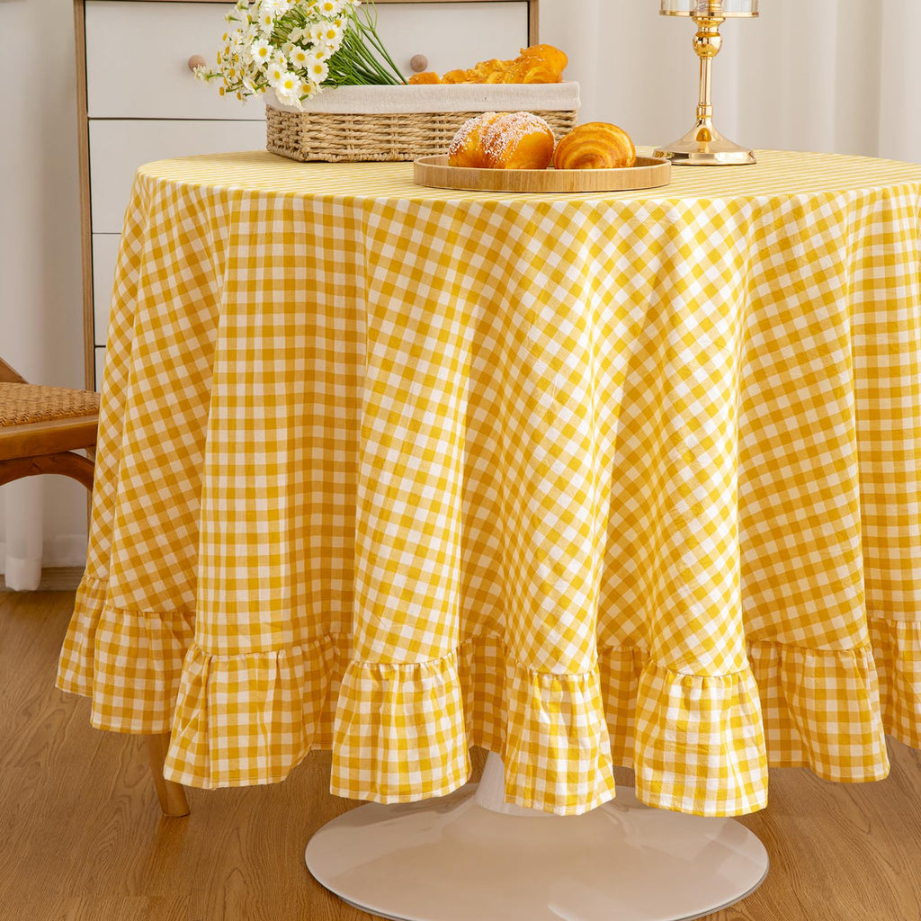 Yellow Round Gingham Tablecloth 70 Inch, Cotton Plaid Tablecloth