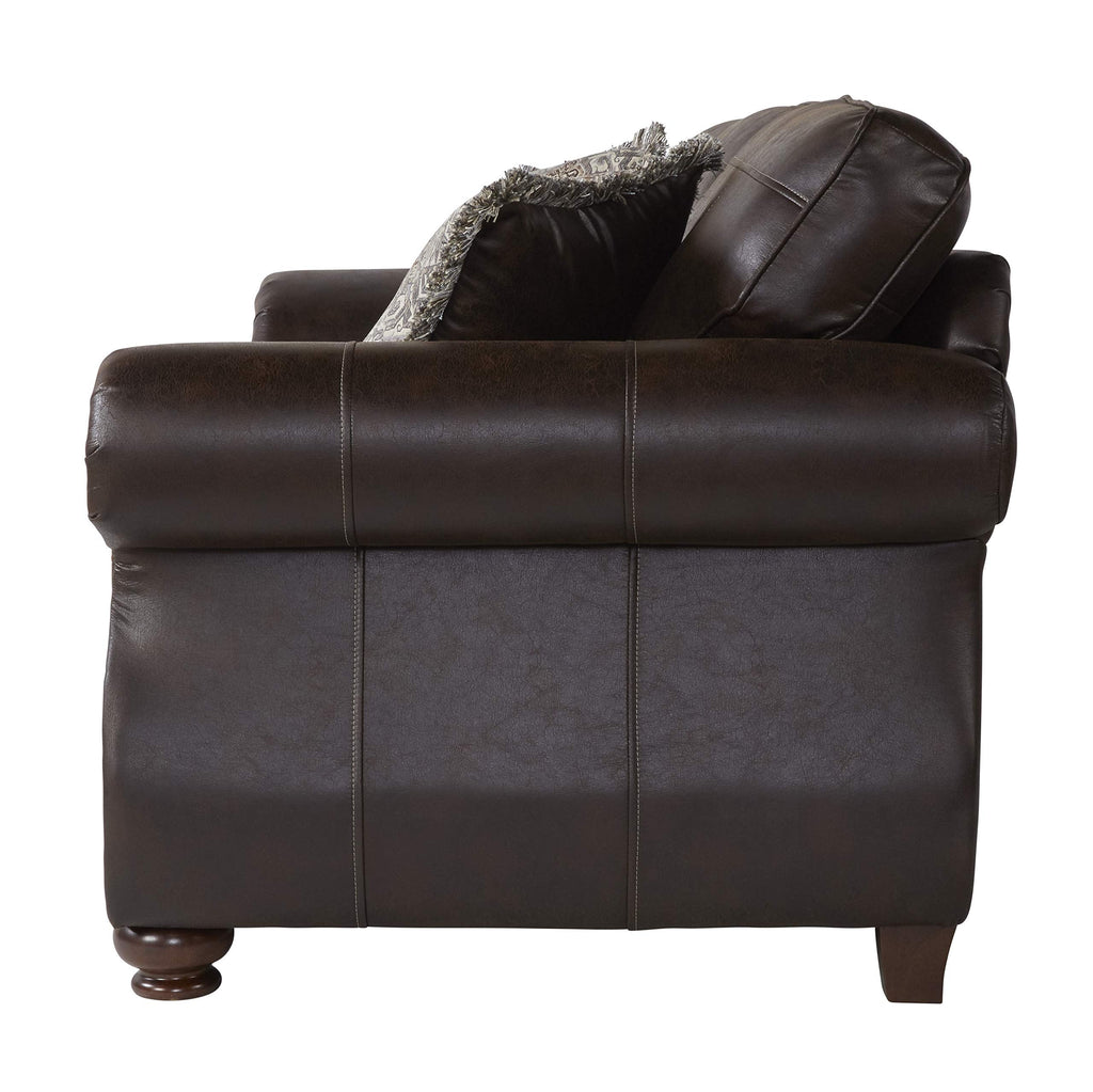 Leinster Faux Leather Sofa and Loveseat with Antique Bronze Nailheads in Espresso