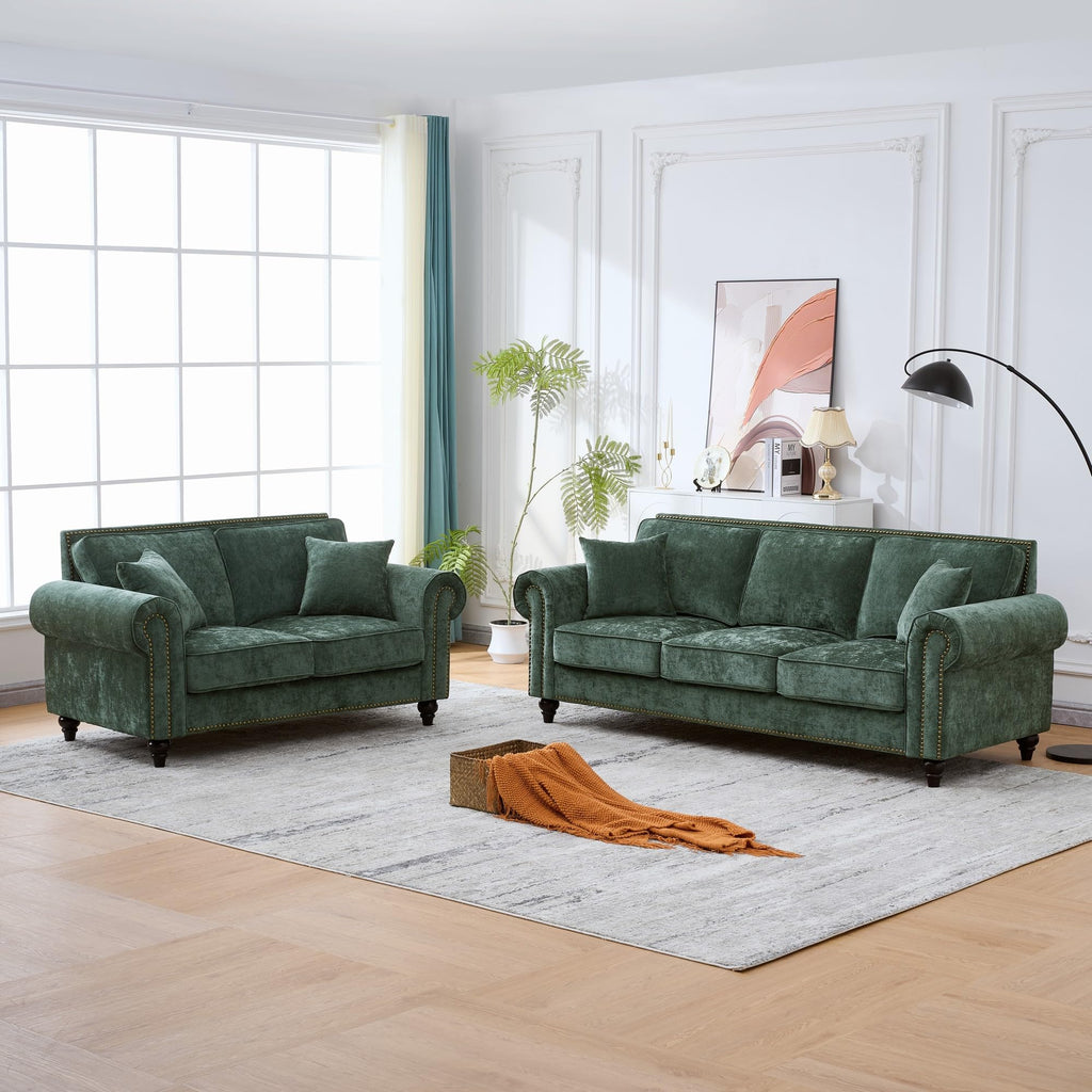 86.5" Chesterfield Sofa with Rolled Arms and Nailhead Trim, Mid-Century Modern Chenille Upholstered 3-Seater Couch