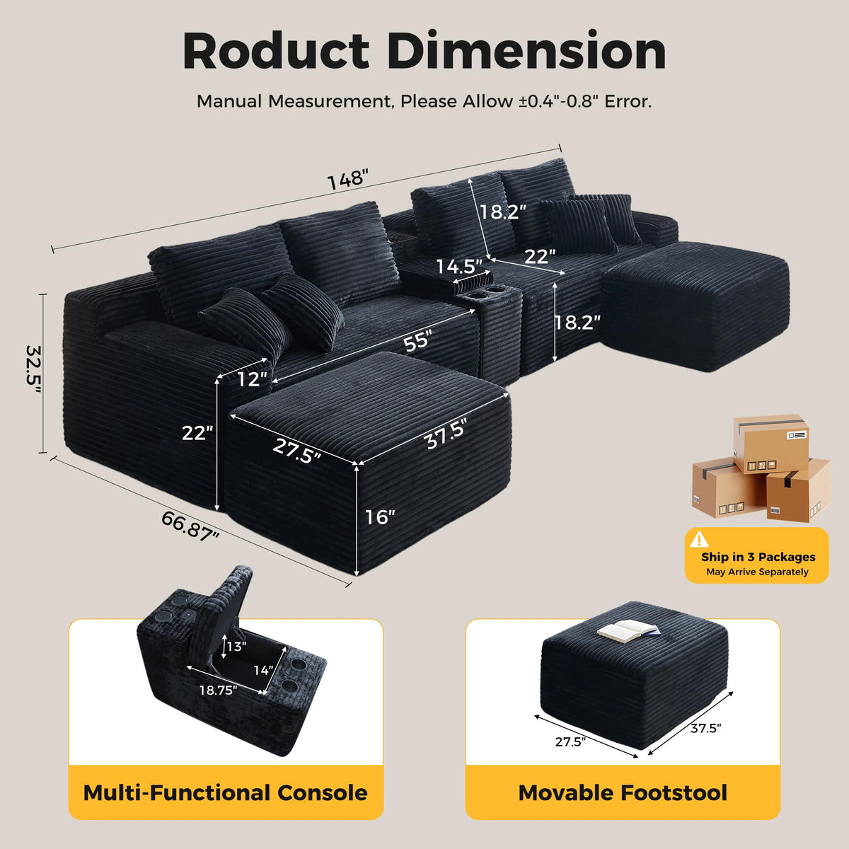 150" Oversized Black Boneless Sectional Couches w/ Storage