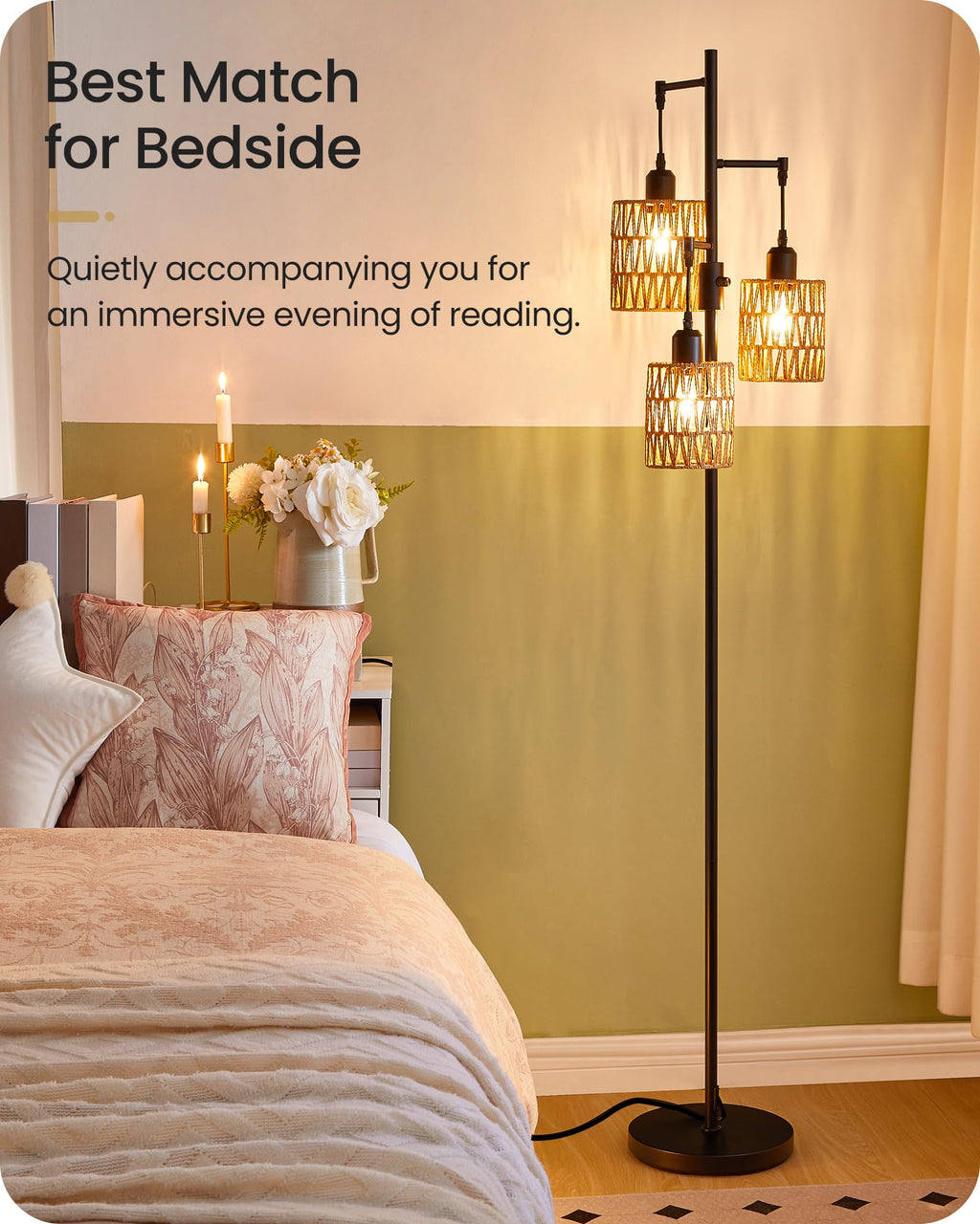 Dimmable Floor Lamp, Farmhouse Tall Standing 70.3" Tree Lamp with 3 Rope Woven Lampshades, Boho Rattan Floor Lights