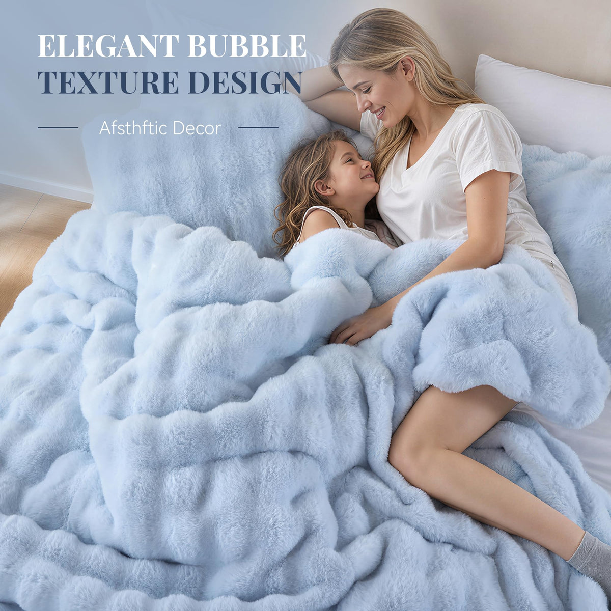 Fluffy Faux Rabbit Fur Bubble Comforter - Light Blue