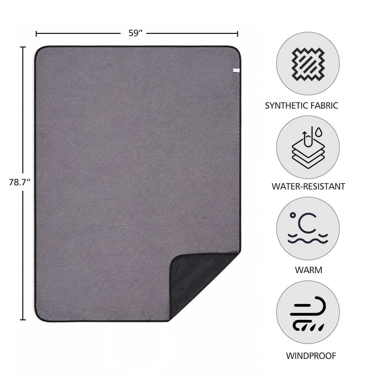 79"x59"Large Outdoor Camping Blanket Sherpa Fleece Lining, Black