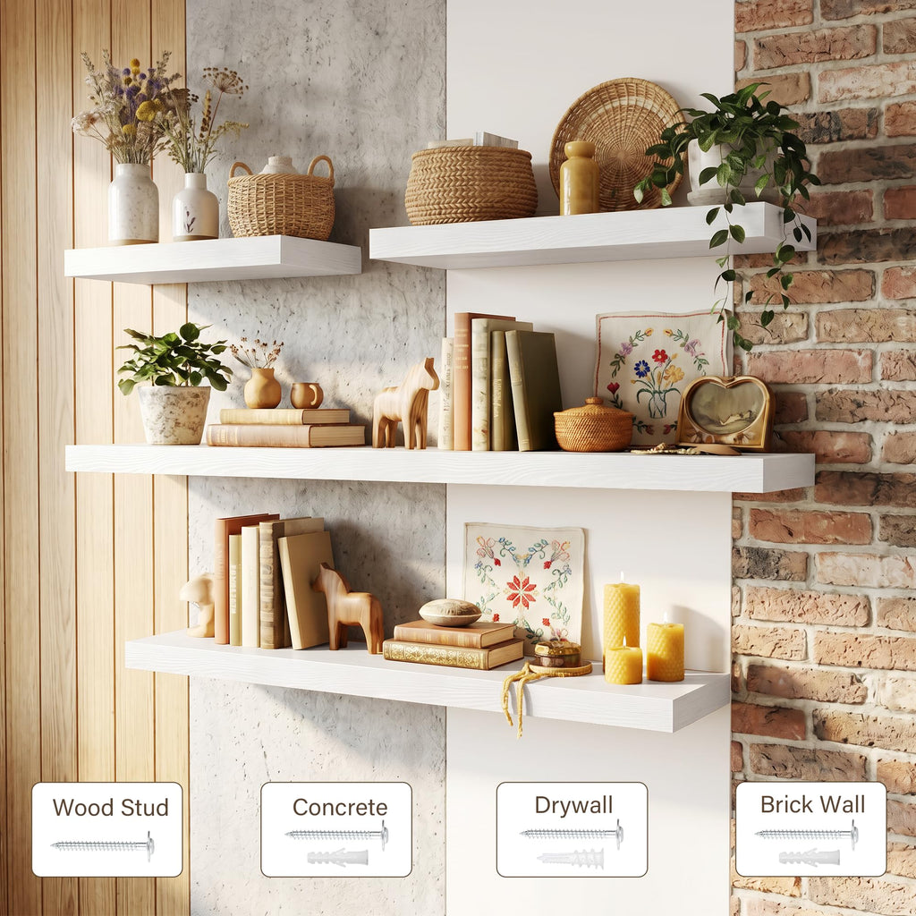 48in Long Floating Shelves for Wall Set of 2, Wood Wall Shelves Bedroom Kitchen Living Room Laundry Room, Modern
