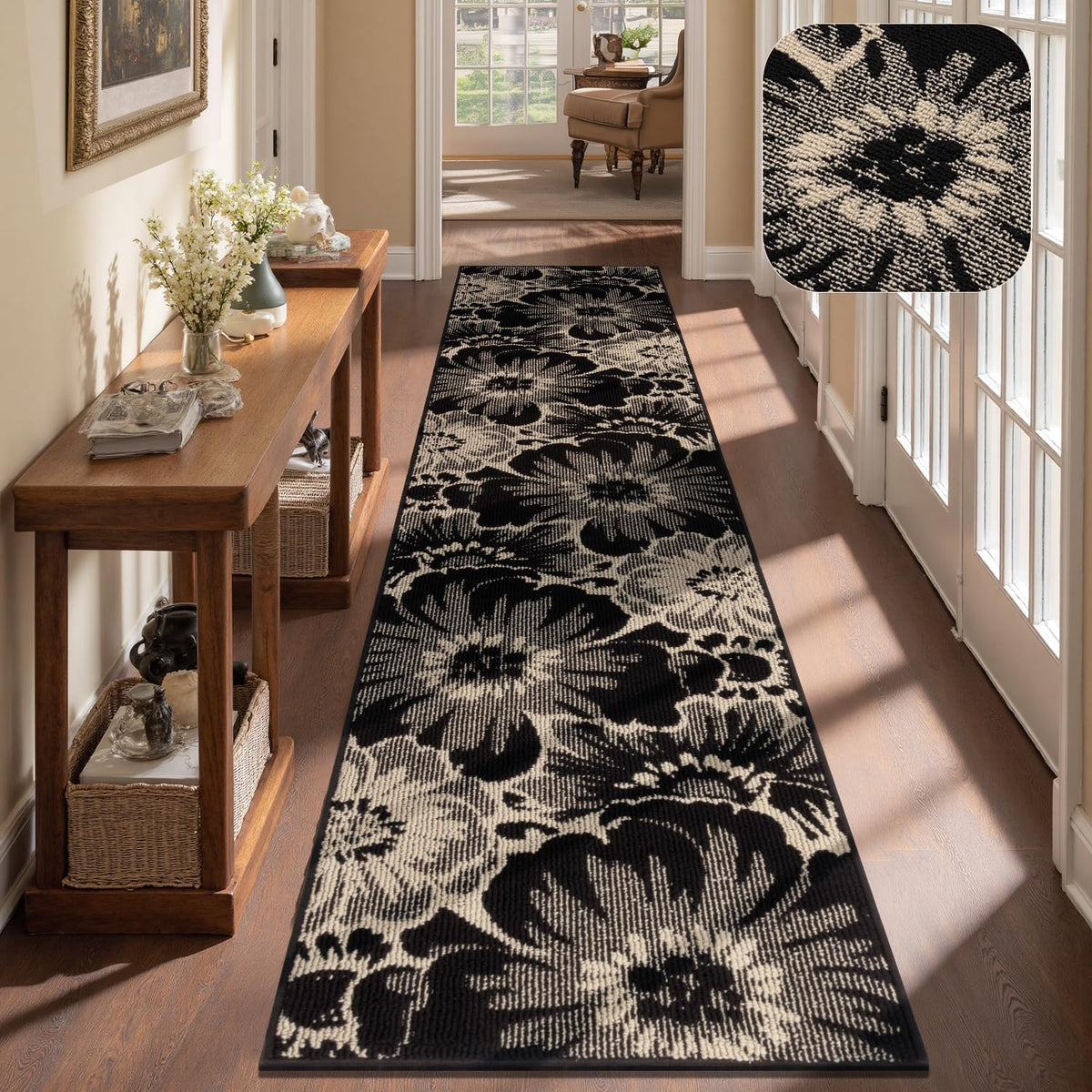 Hallway Runner Rug, Non Slip High-Low Textured Floral Washable Runner Rug with Rubber Backing, Boho Carpet