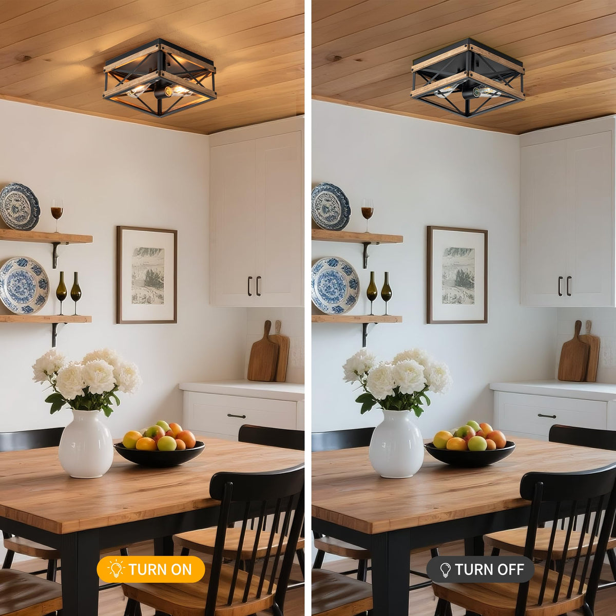 2-Light Black Rustic Wood Farmhouse Flush Mount Ceiling Light Fixture