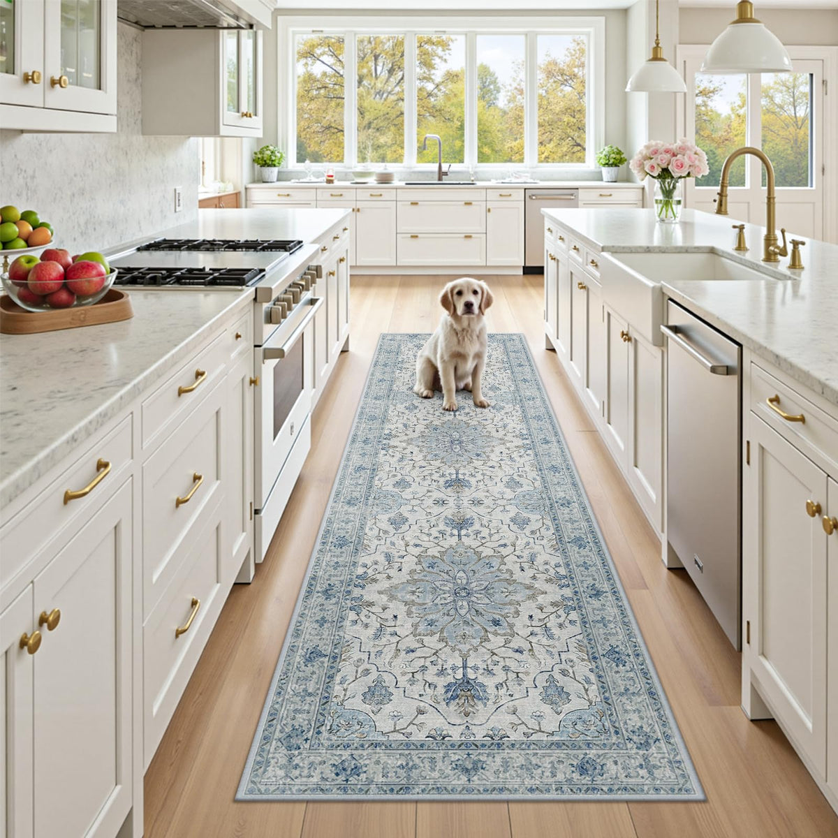 Washable Area Rug, Runner, Blue/White/Gray