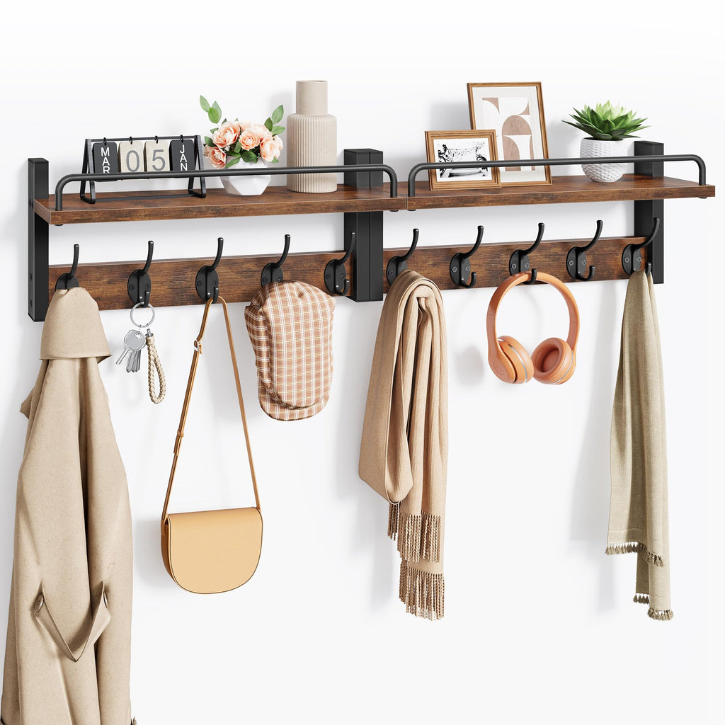 32.6"(16.3"*2) Wall Hooks with Shelf and Guardrail, Rustic Brown