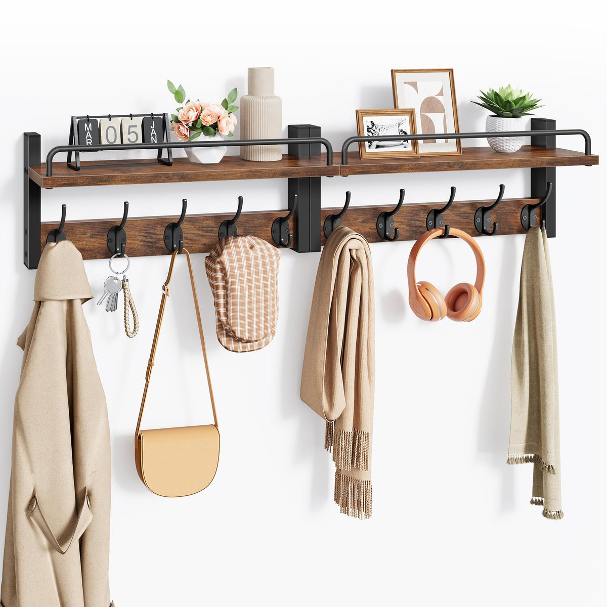 32.6"(16.3"*2) Wall Hooks with Shelf and Guardrail, Rustic Brown