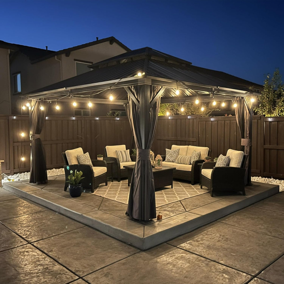 12'x14' Hardtop Gazebo with Lights Double Roof on Galvanized Steel Frame Outdoor Pavilion Including Netting and Curtains for Patio Garden Deck Grey