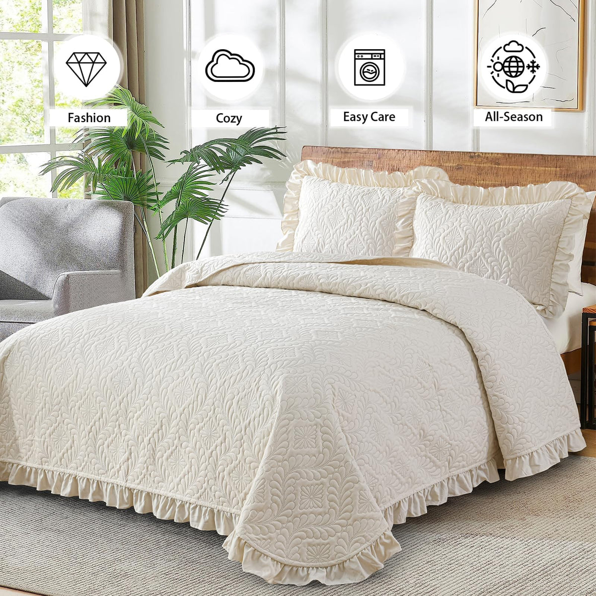 Quilt Bedding Set, Ruffled Reversible Bedding Set, Beige