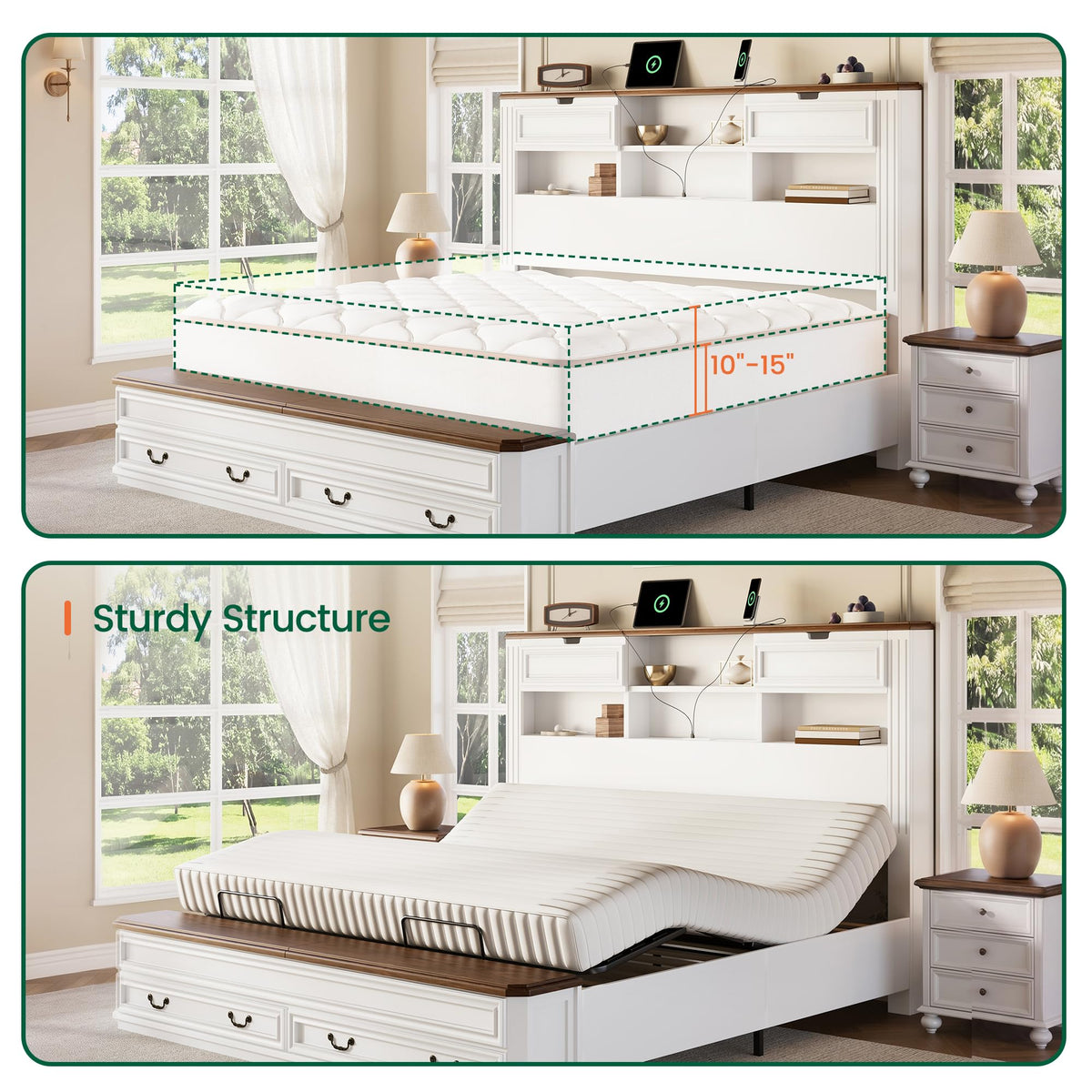 Farmhouse Bed with Headboard & Footboard Storage, White/Walnut