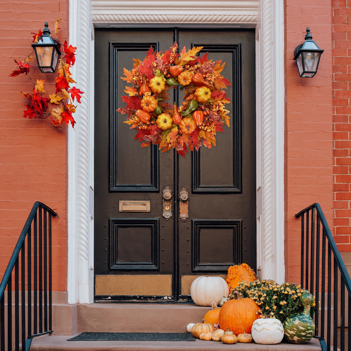 Fall Wreath 23'' Artificial Autumn Front Door Wreath with Large Pumpkins Clusters of Berries Maple Leaves Acorn for