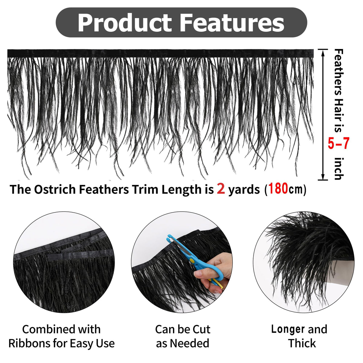 5-7inch Burgundy Ostrich Feather Trim for DIY Sewing Clothing,2Yards