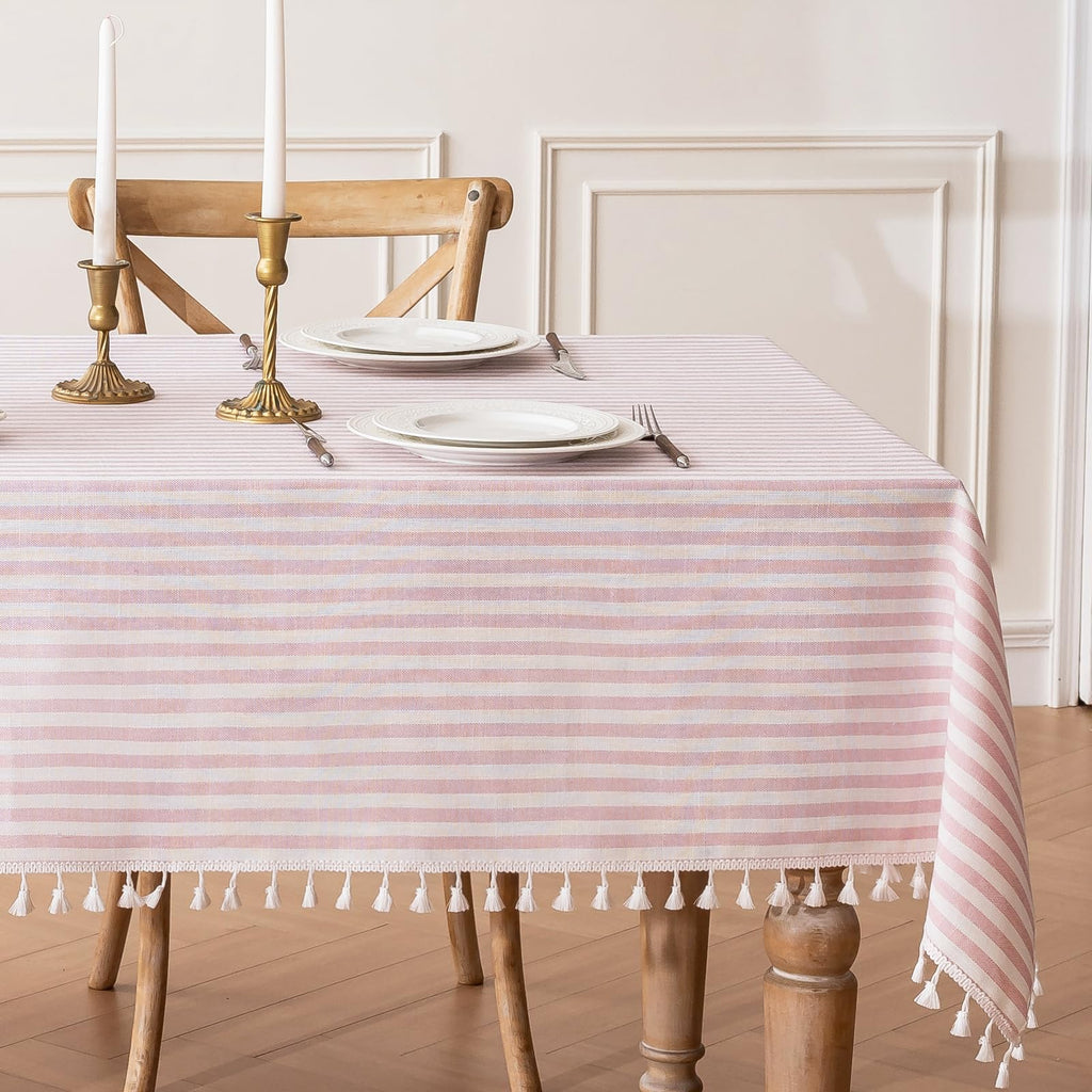 Pink Striped Tablecloth Rectangle 55 x 106 inch Cotton Linen Fabric