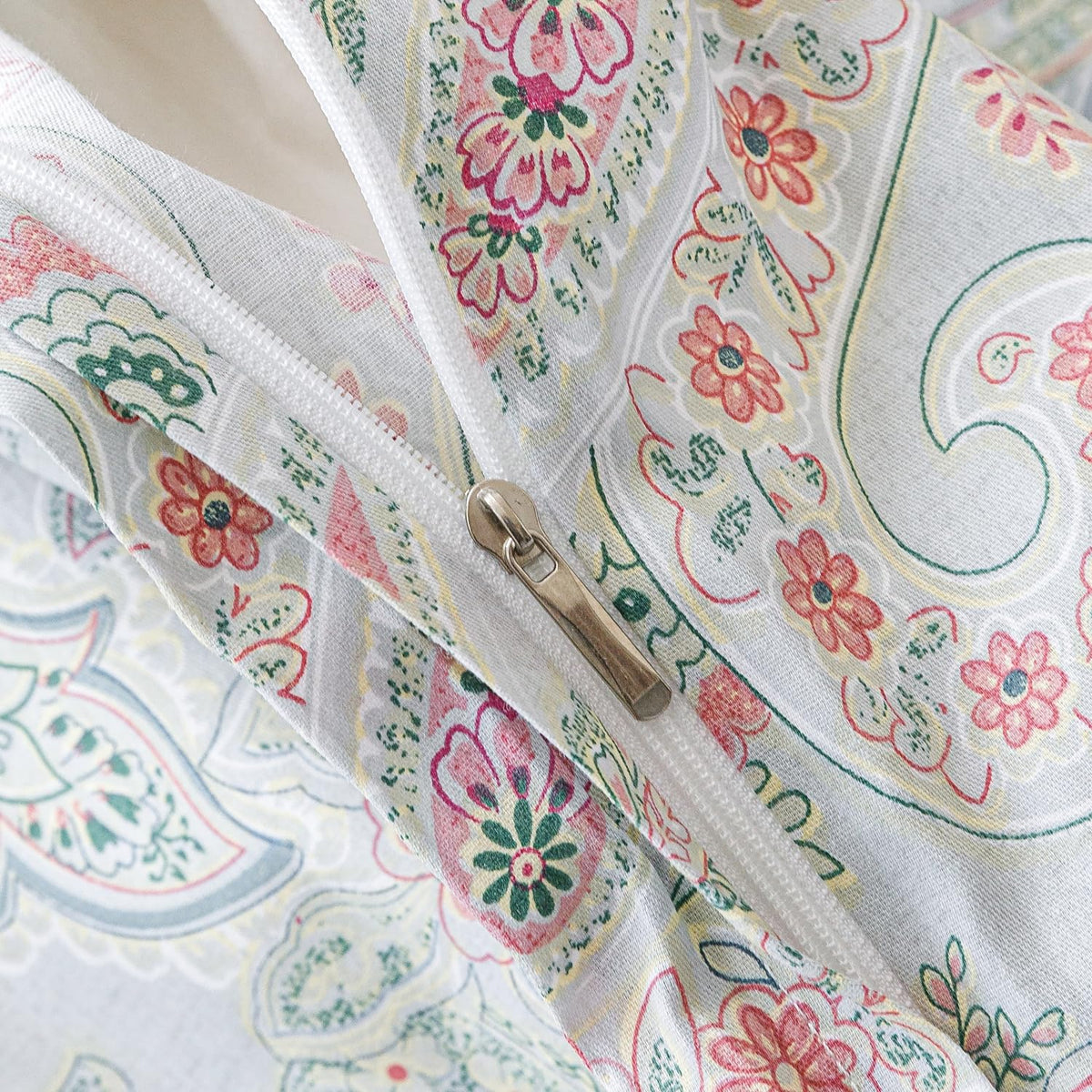 Pink Green Paisley Duvet Cover King 100% Cotton 3 Pieces Set