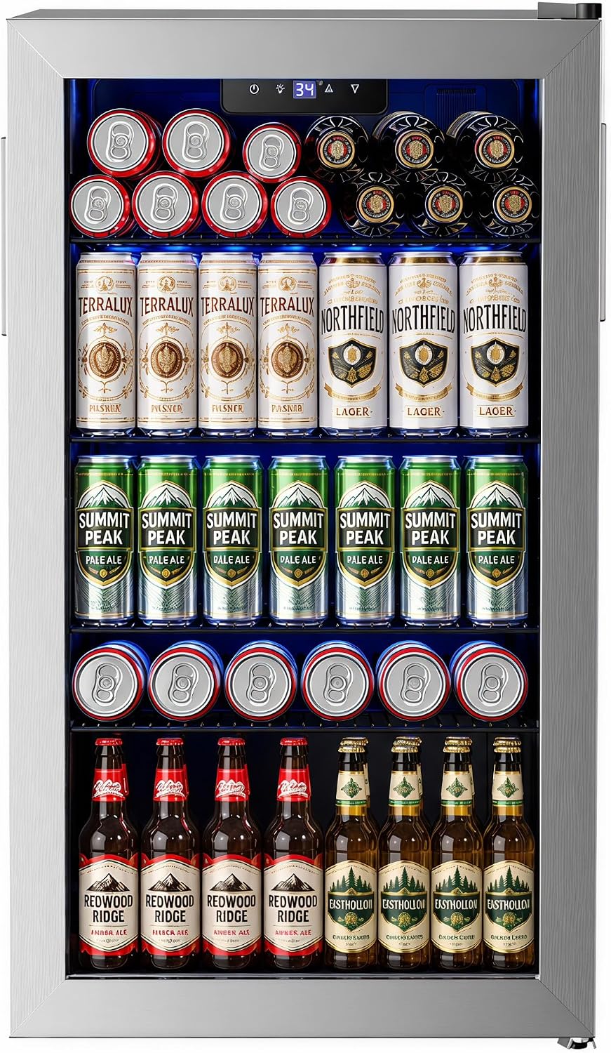 Beverage Refrigerator Cooler - 126 Can Mini Fridge Glass Door for Drinks Soda Beer Wine