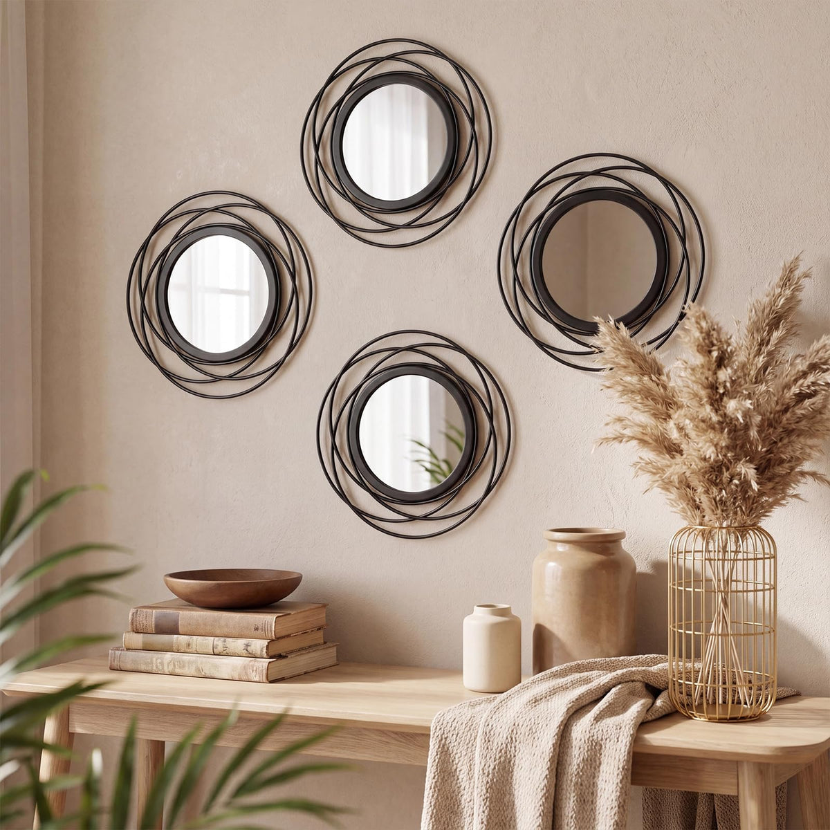 Set of 4 Decorative Wall Mirrors,9 Inch Modern Metal Frame Round Accent Mirrors Abstract Wall Art Decor Bedroom