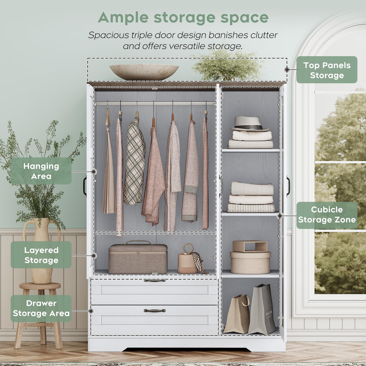 Armoire Wardrobe Closet with 3 Door, Bedroom Wooden Armoires with Full Length Mirror, Large Clothing Storage Cabinet