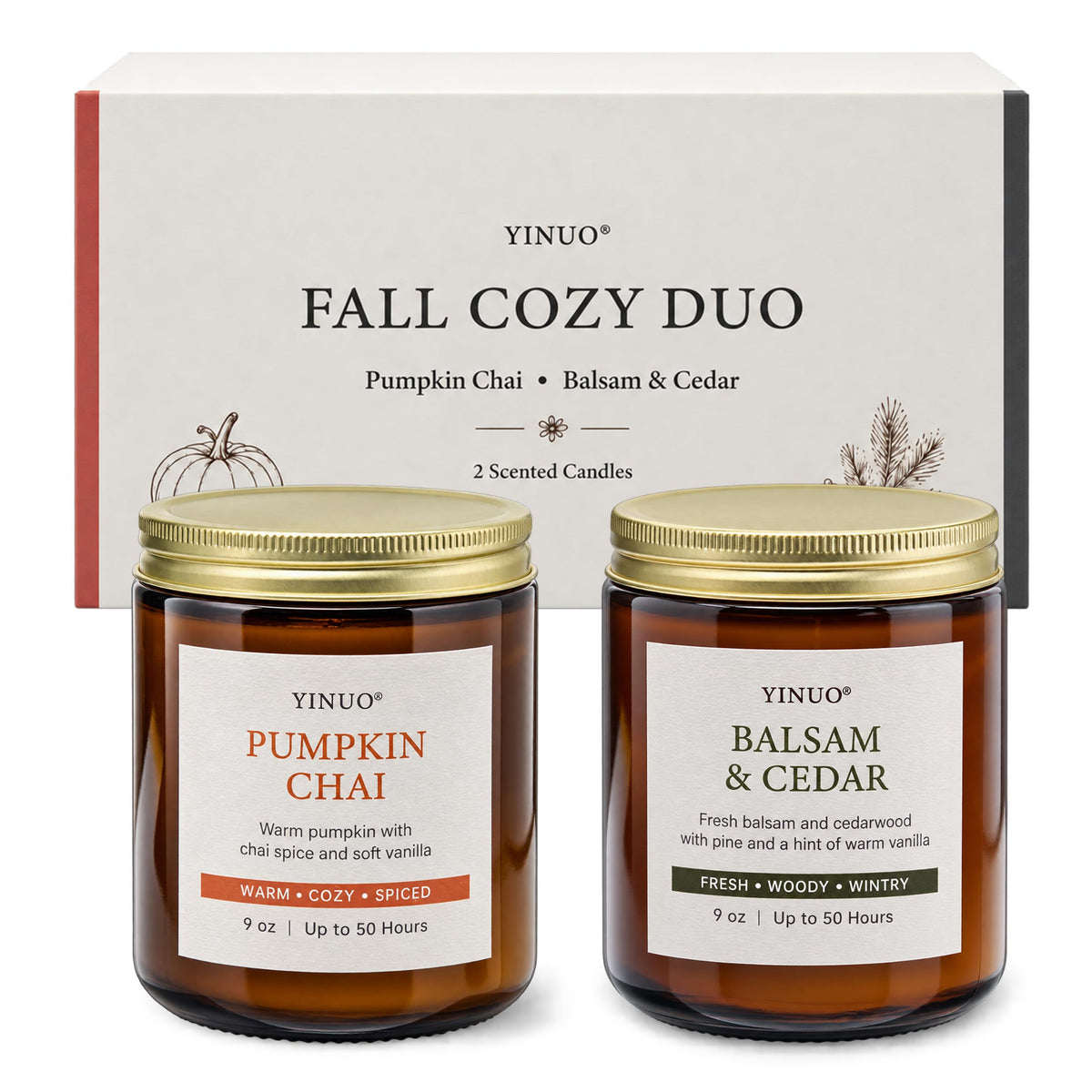 Fall Scented Candles Gift Set - 2 Pack 9oz Pumpkin Chai & Balsam Cedar
