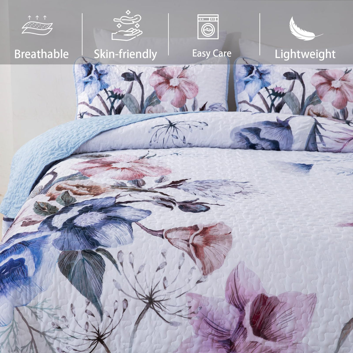 Floral Quilt Set 3 Pieces Light Blue Floral Quilt Coverlet Set