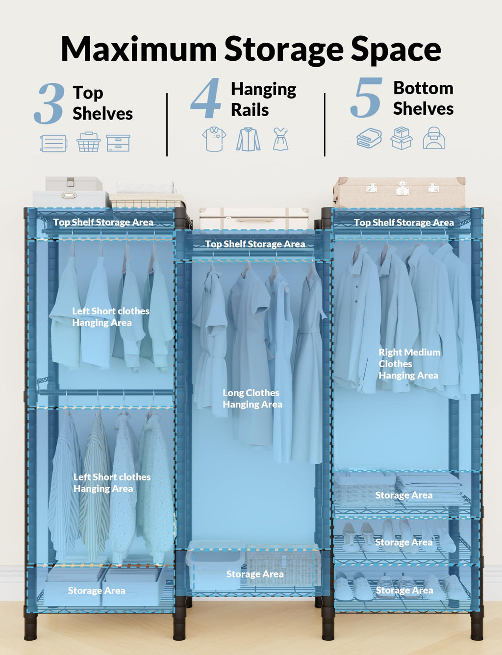 Heavy Duty Clothes Rack, Metal Garment Rack with 8 Shelves & 4 Rods
