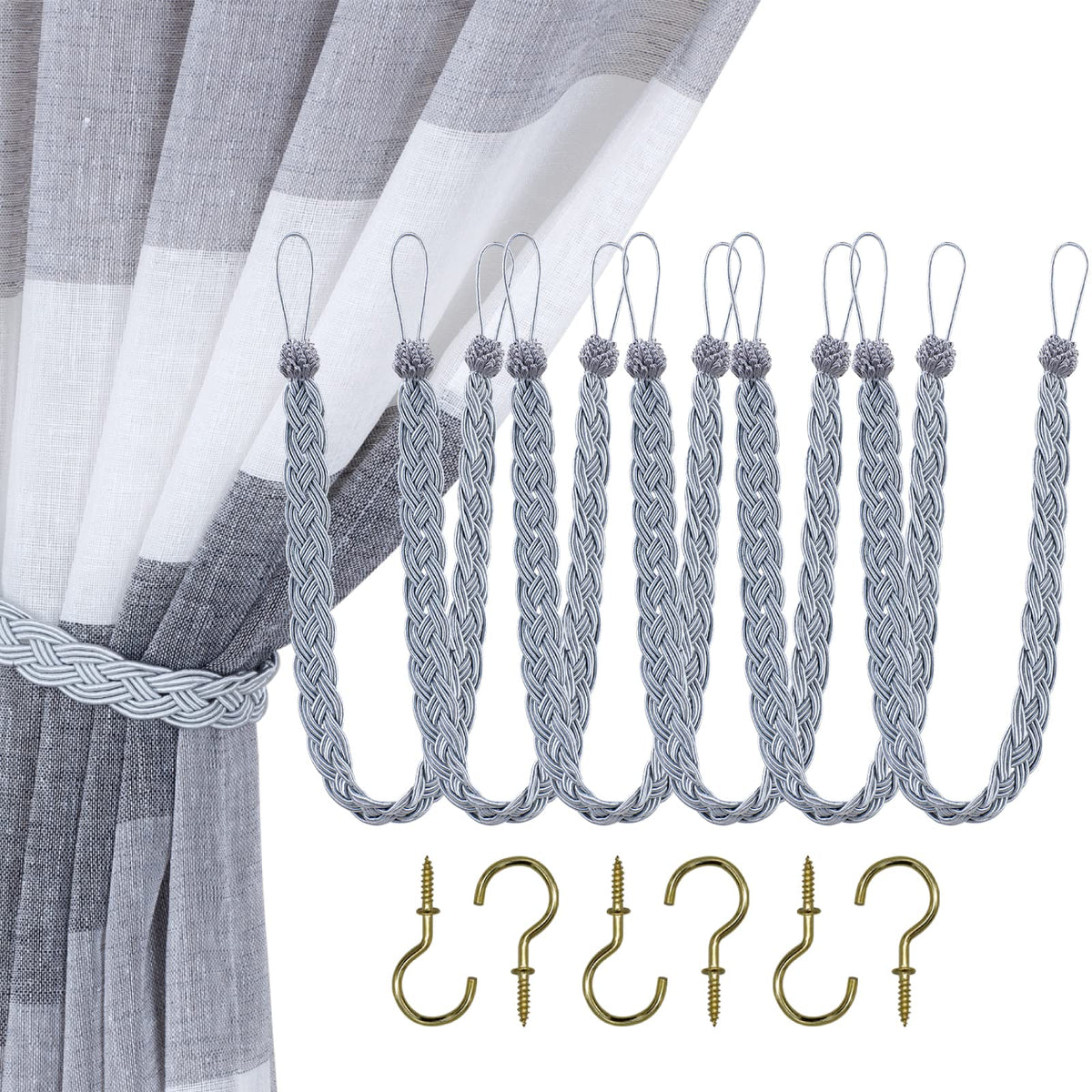 Handwoven Rope Curtain Tiebacks for Drapes, 6 Pack Rope Holdbacks with Hooks, 23 Inch Long Polyester and Cotton