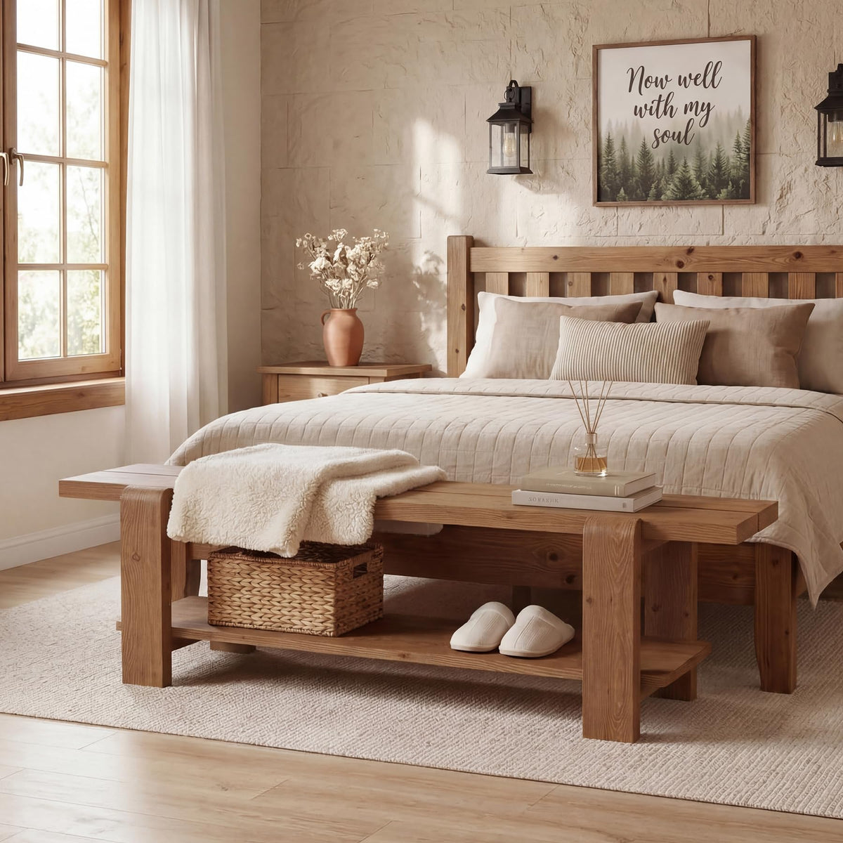 Solid Wood Entryway Bench with Shoe Storage Shelf, 63-Inch Long Farmhouse Entry Shoe Bench, End of Bed Bench