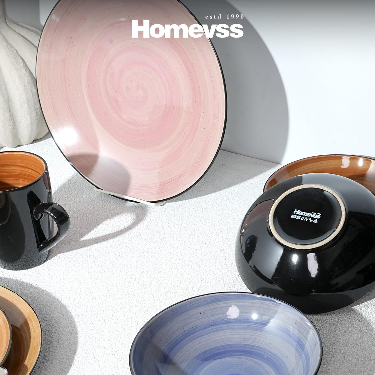 Sonoma 16pc Stoneware Dinnerware Set, Outside Black plus inside Hand Painting Combi Colors of Cobalt, Mocha, Rose and